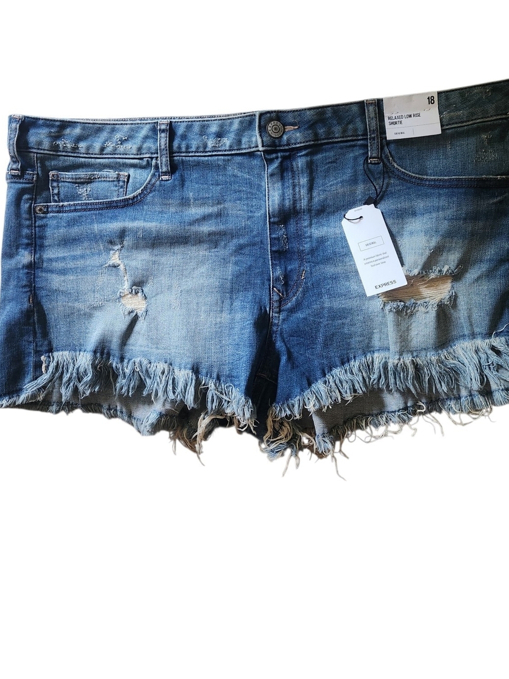 Express Low Rise Relaxed Shortie Denim- Womens Size 18 Fringe Hem Distressed NWT